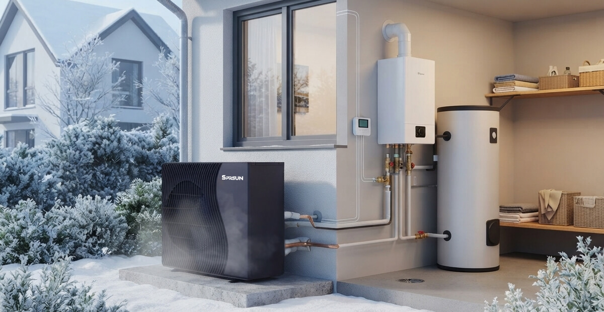 Diagram van warmtepomp en ketel in parallelle hybride werking, met leidingaansluitingen en intelligente logica voor back-upverwarming